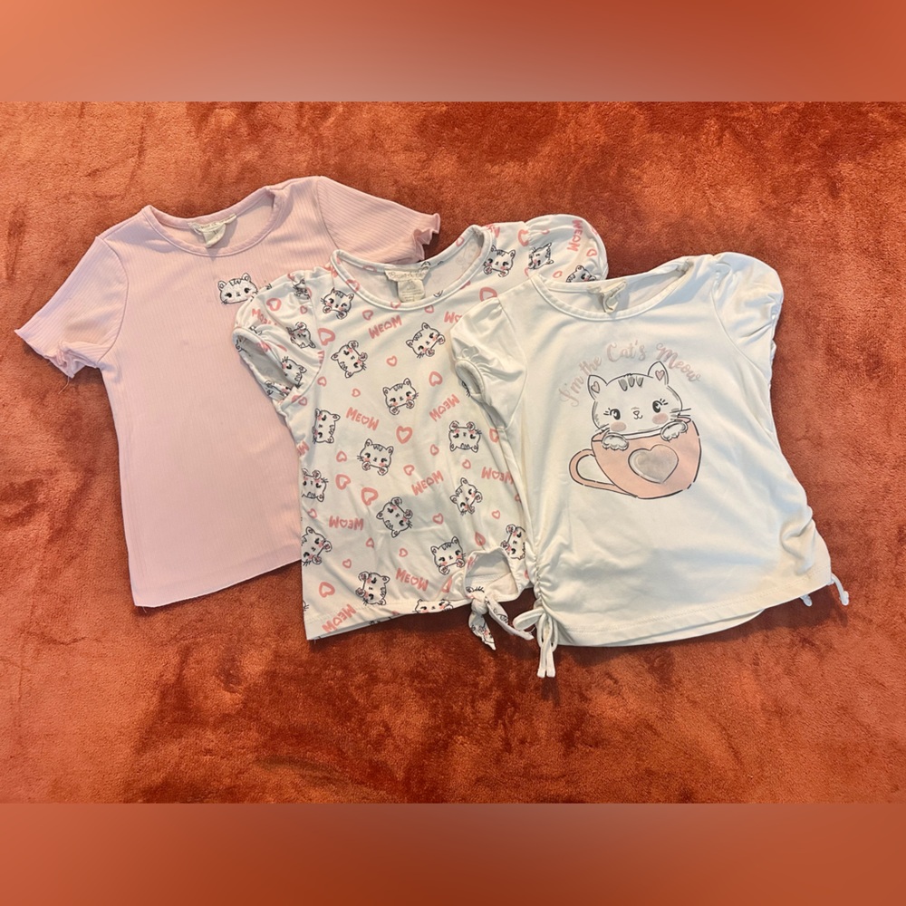 Adorable Cat Print Kids 3 shirt set - Pink, White, and Gray